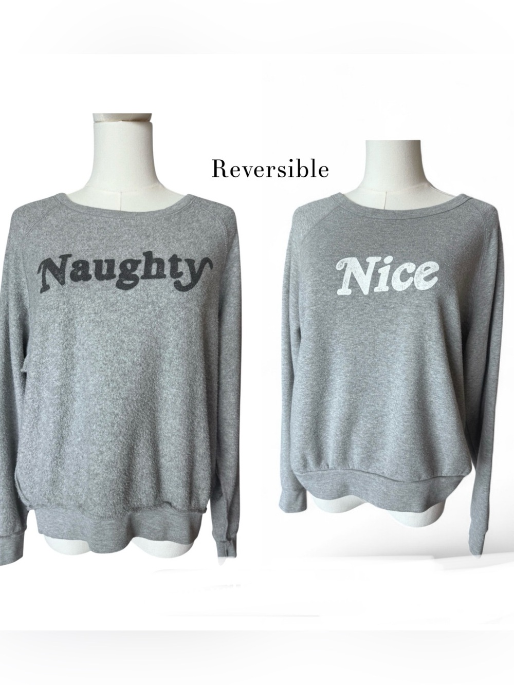 Project Social T Naughty / Nice Graphic Reversible Sweatshirt in Heather Gray